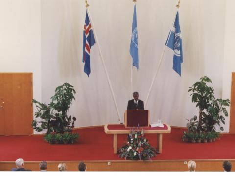 Kofi Annan flytur ræðu í Hátíðasal Háskóla Íslands þann 4. sept. 1997.