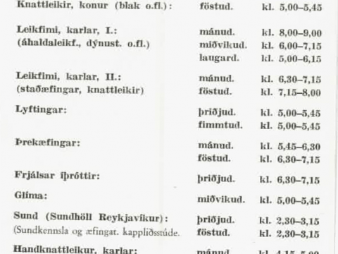 Stundatafla Íþróttahúss háskólans veturinn 1968-1969