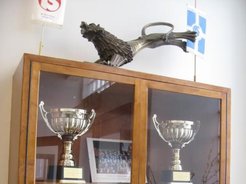Ljónið á toppi verðlaunaskáps í anddyri íþróttahússins.